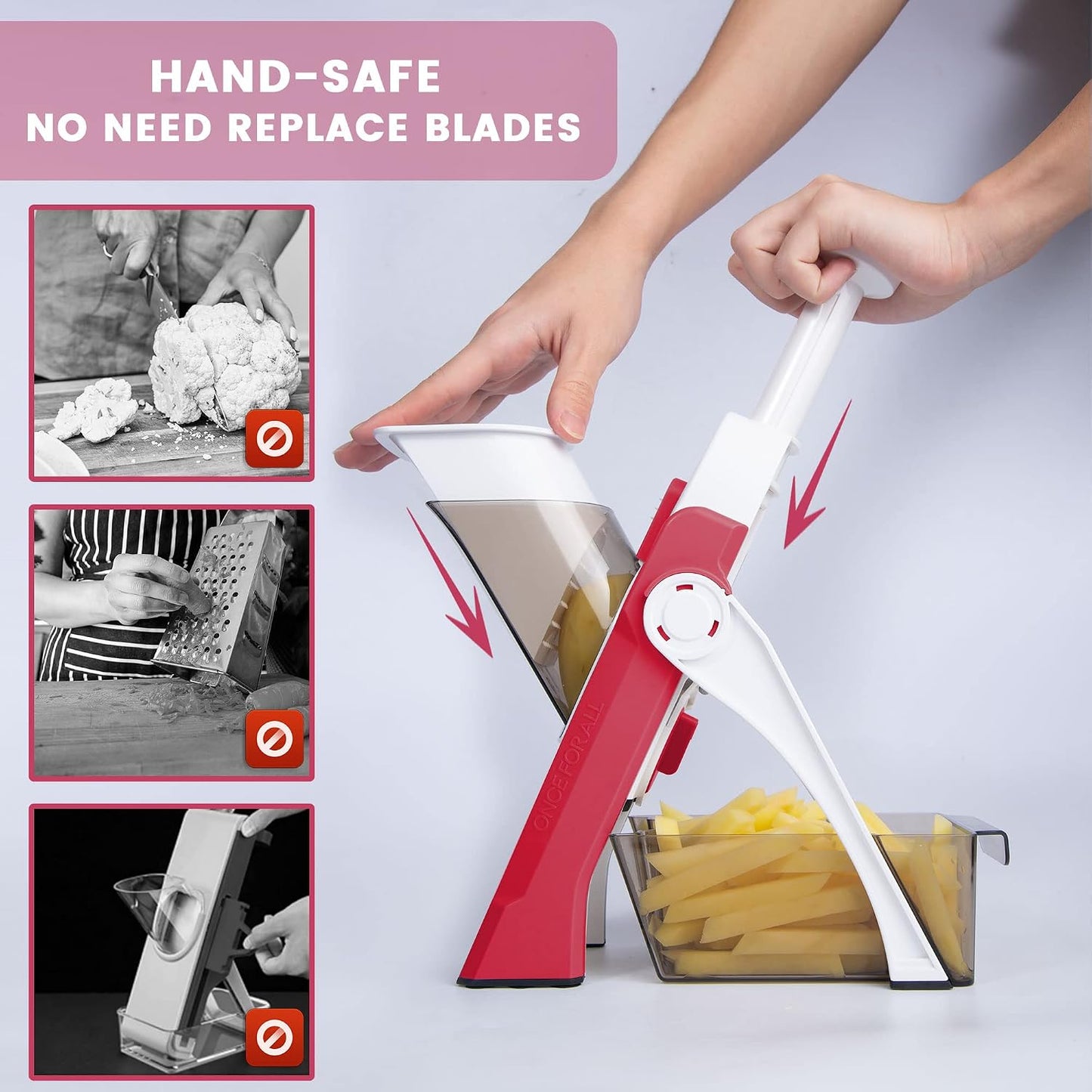 SupMaKin Safe Mandoline Slicer for Kitchen,Adjustable Potato Slicer 1-8 mm | 4 Modes Slice, Strips,Julienne Dicer,Vegetables Slicer Fry Food Cutter,Stainless Steel Blades, Foldable Dishwasher Safe,Gifts