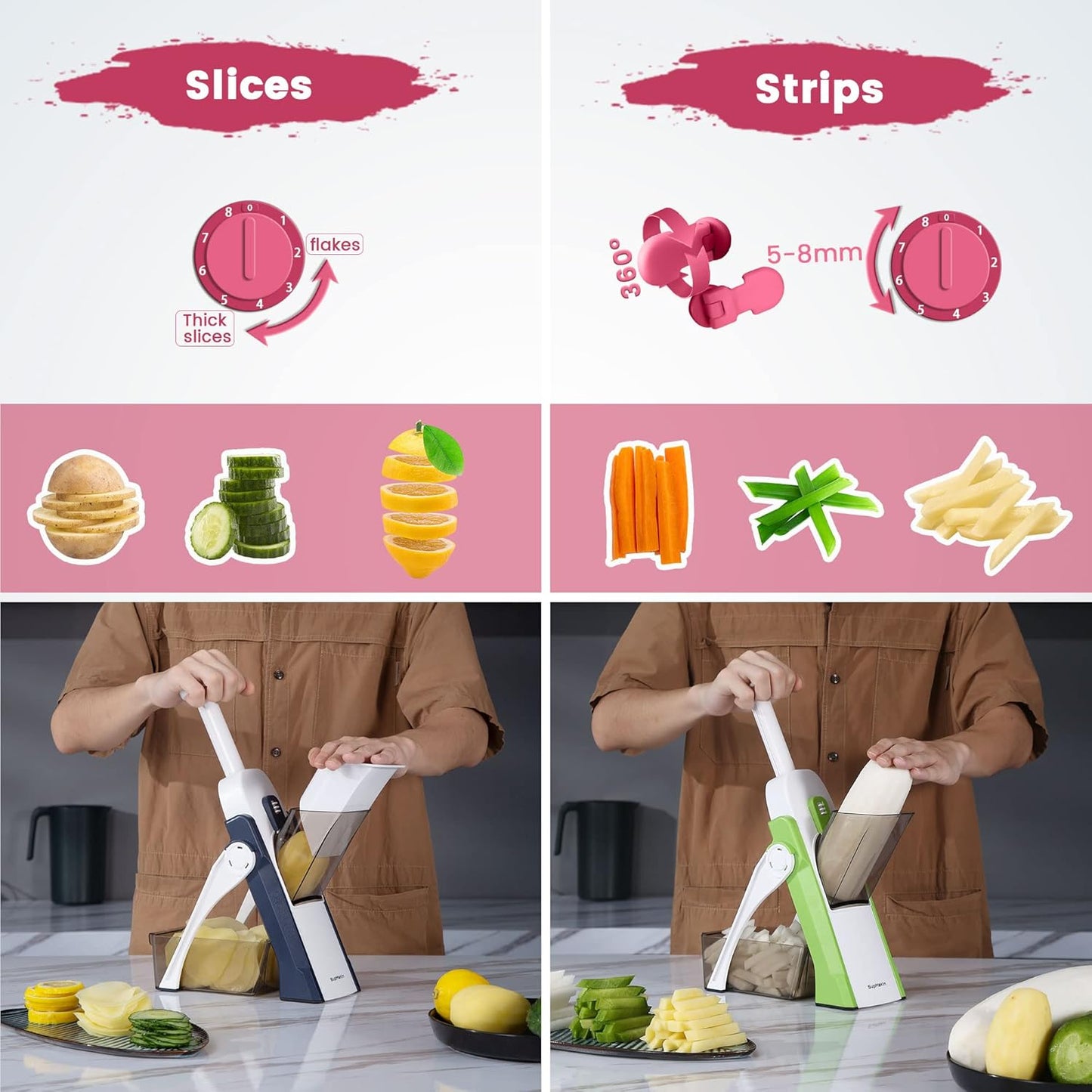 SupMaKin Safe Mandoline Slicer for Kitchen,Adjustable Potato Slicer 1-8 mm | 4 Modes Slice, Strips,Julienne Dicer,Vegetables Slicer Fry Food Cutter,Stainless Steel Blades, Foldable Dishwasher Safe,Gifts