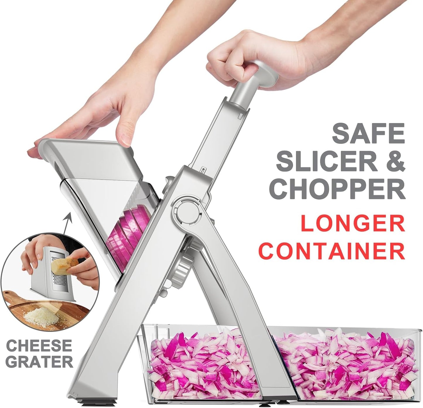 SupMaKin Safe Mandoline Slicer for Kitchen,Adjustable Potato Slicer 1-8 mm | 4 Modes Slice, Strips,Julienne Dicer,Vegetables Slicer Fry Food Cutter,Stainless Steel Blades, Foldable Dishwasher Safe,Gifts
