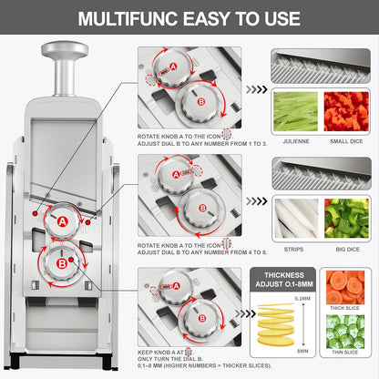 SupMaKin Safe Mandoline Slicer for Kitchen,Adjustable Potato Slicer 1-8 mm | 4 Modes Slice, Strips,Julienne Dicer,Vegetables Slicer Fry Food Cutter,Stainless Steel Blades, Foldable Dishwasher Safe,Gifts