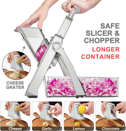 SupMaKin Safe Mandoline Slicer for Kitchen,Adjustable Potato Slicer 1-8 mm | 4 Modes Slice, Strips,Julienne Dicer,Vegetables Slicer Fry Food Cutter,Stainless Steel Blades, Foldable Dishwasher Safe,Gifts