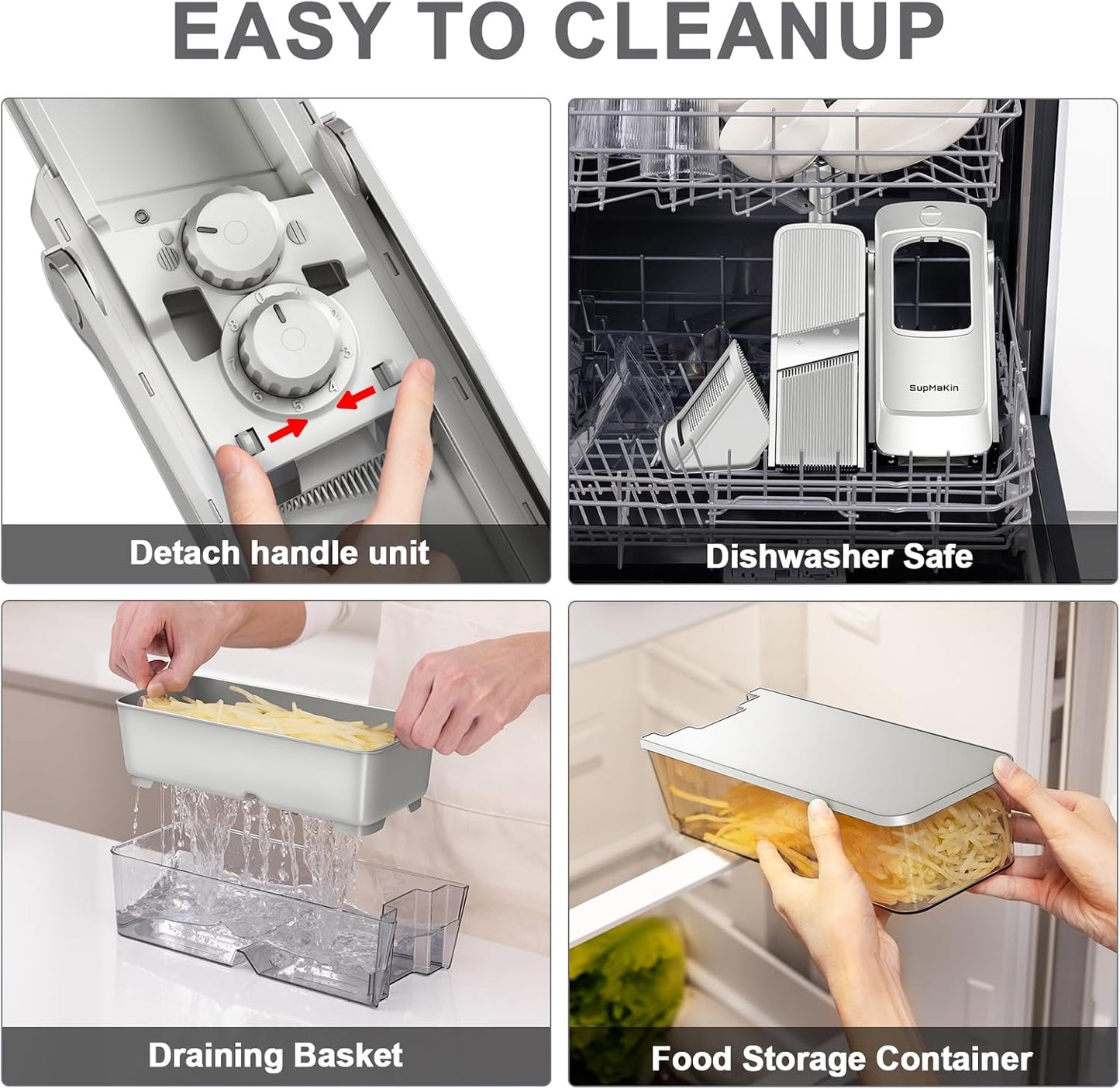 SupMaKin Safe Mandoline Slicer for Kitchen,Adjustable Potato Slicer 1-8 mm | 4 Modes Slice, Strips,Julienne Dicer,Vegetables Slicer Fry Food Cutter,Stainless Steel Blades, Foldable Dishwasher Safe,Gifts