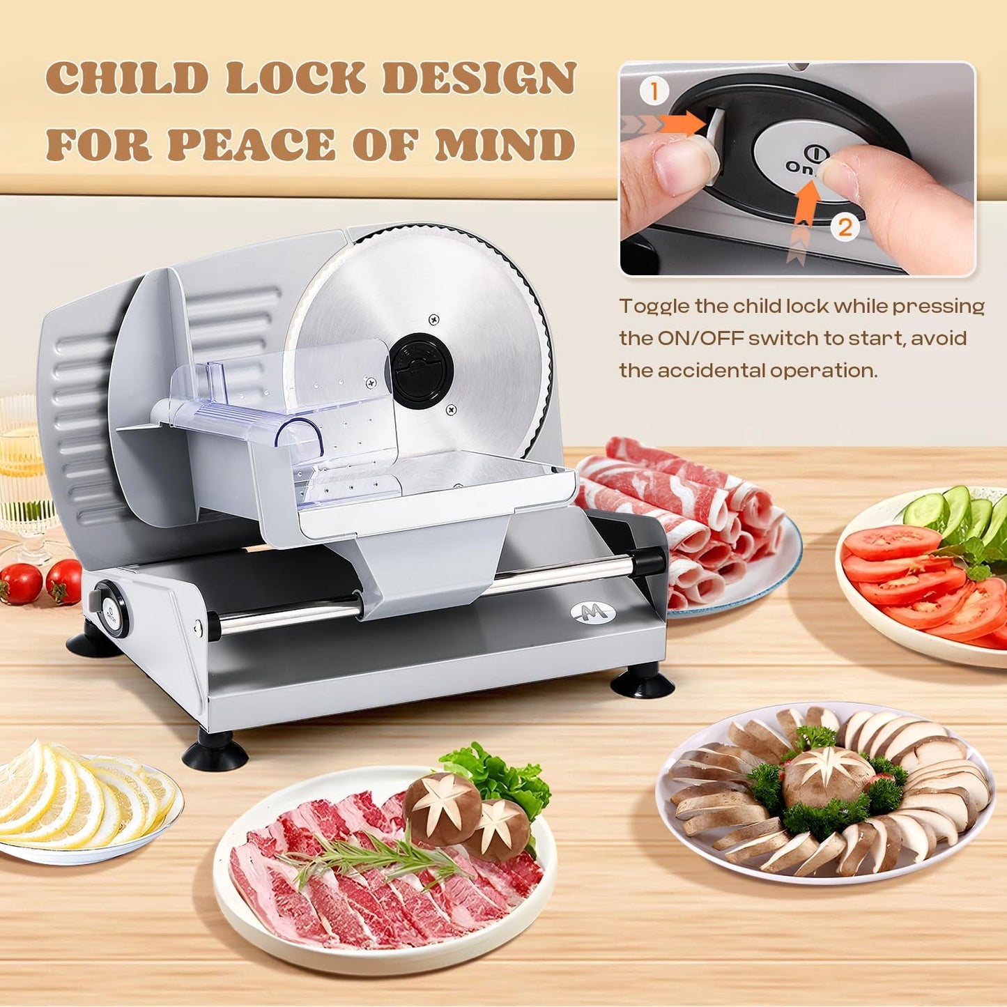 Electric Meat Slicer 200W With Stainless Steel Blades, 110V | 7.5'' Stainless Steel Blades, 0-15MM Adjustable Thickness, Child Lock Protection, Meat Cheese Bread Deli Food Slicer Machine