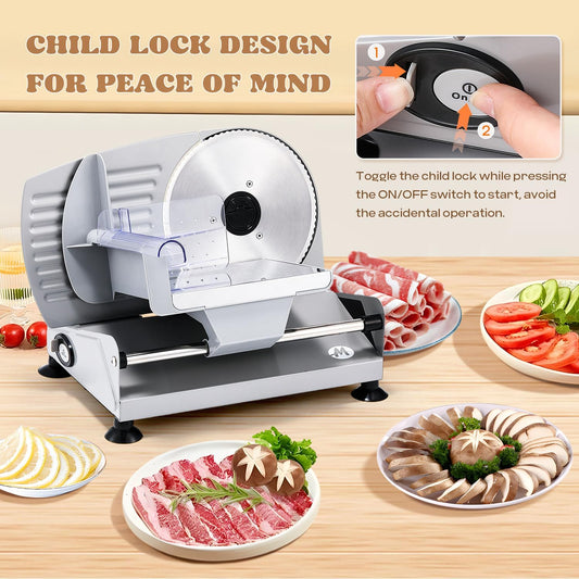 Electric Meat Slicer 200W With Stainless Steel Blades, 110V | 7.5'' Stainless Steel Blades, 0-15MM Adjustable Thickness, Child Lock Protection, Meat Cheese Bread Deli Food Slicer Machine