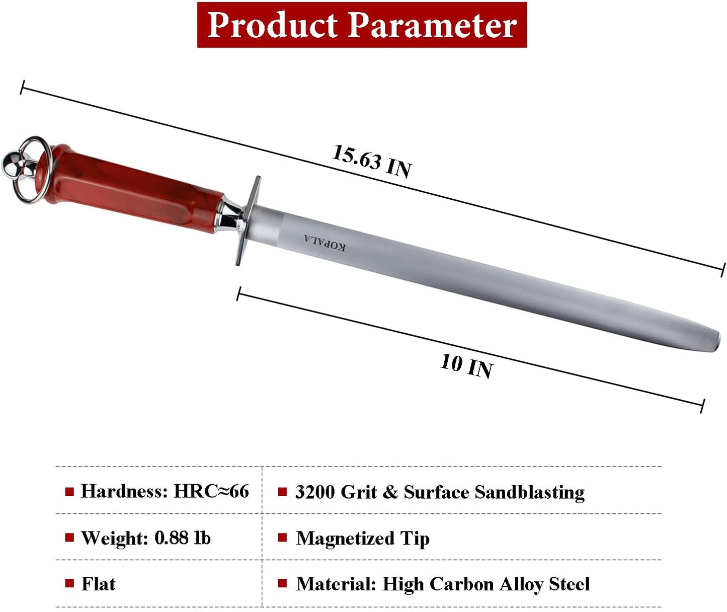 Sharpening Steel Knife Sharpener Rod Flat 12 Inches Honing Steel for Knives Red
