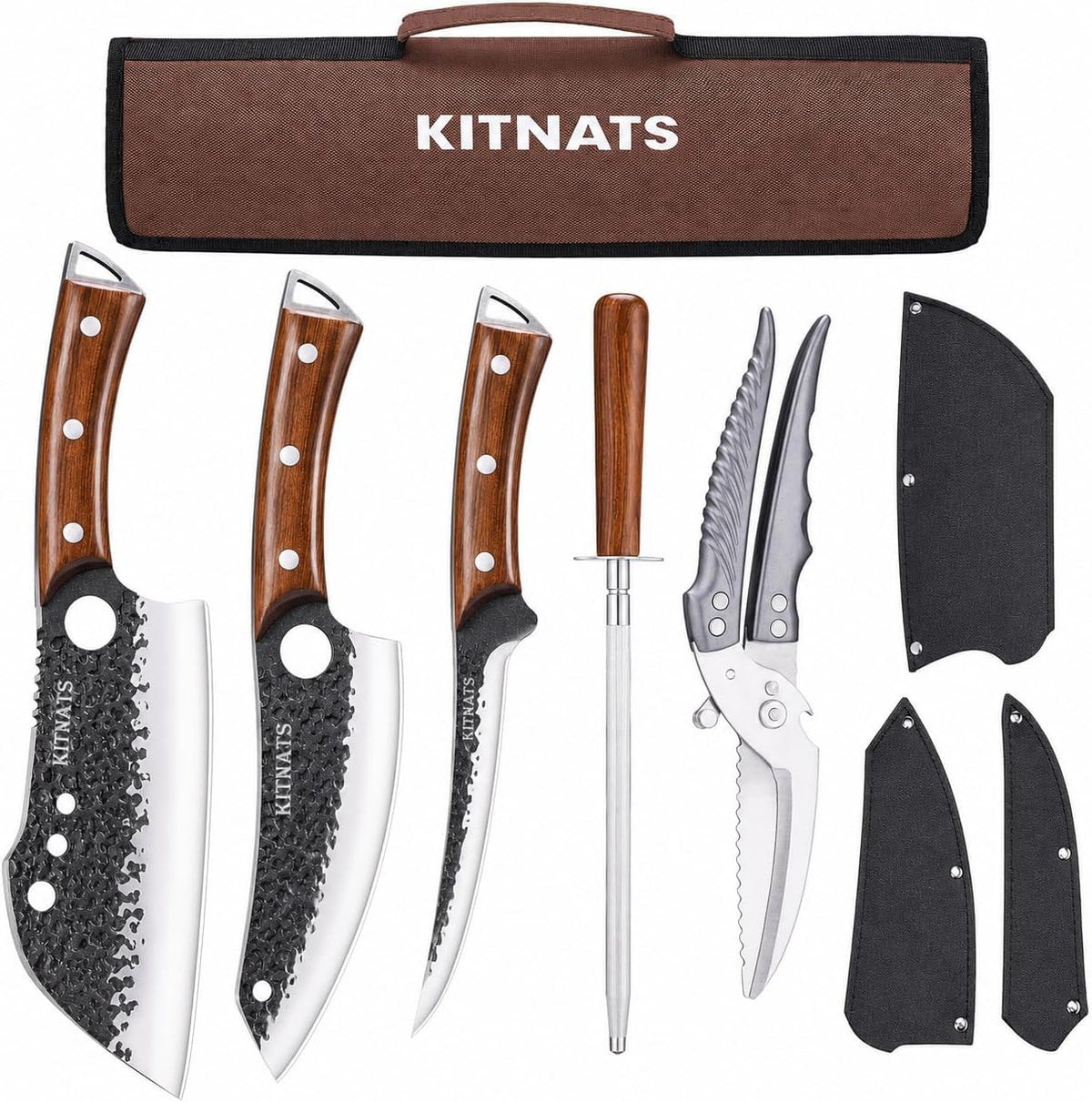 9PCS BBQ Butcher Knife Set with Roll Bag & Shears | Includes butcher knife, chef knife, boning knife, shears, sharpening rod and roll bag for BBQ, meat prep and outdoor cooking.