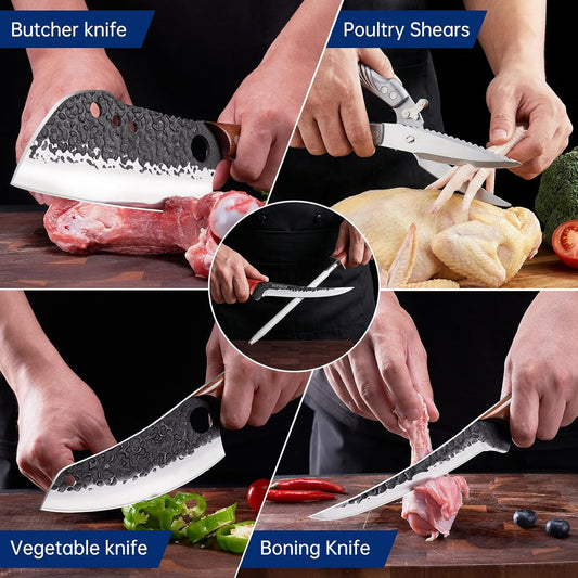 9PCS BBQ Butcher Knife Set with Roll Bag & Shears | Includes butcher knife, chef knife, boning knife, shears, sharpening rod and roll bag for BBQ, meat prep and outdoor cooking.
