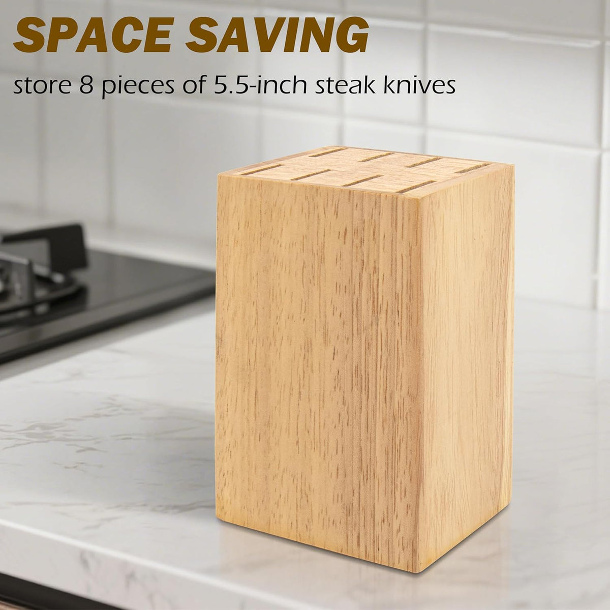 8 Slots Steak Knife Block Holder, 5.5" Wooden Small Knife Block without Knives,Compact and Space Saving Storage Knife Holder for Counter Top (Brown-1)