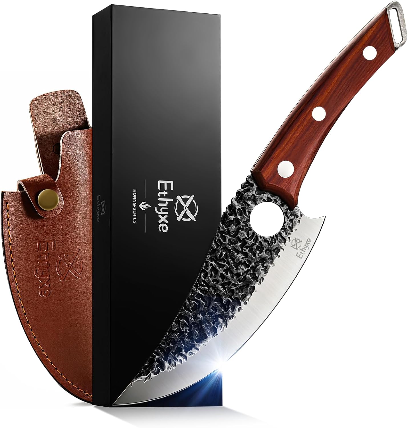 Viking Chef Knife with Premium Leather Sheath | Japanese Kitchen Knife for Meat Cutting, BBQ, Camping, Cooking, Ergonomic Handle Gift for Men