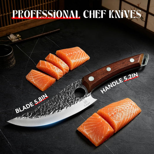 Viking Chef Knife with Premium Leather Sheath | Japanese Kitchen Knife for Meat Cutting, BBQ, Camping, Cooking, Ergonomic Handle Gift for Men