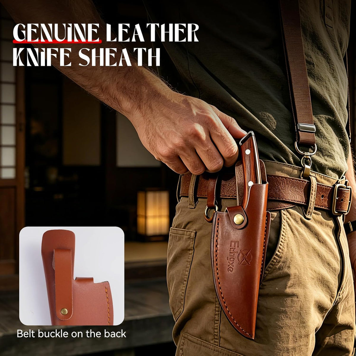 Viking Chef Knife with Premium Leather Sheath | Japanese Kitchen Knife for Meat Cutting, BBQ, Camping, Cooking, Ergonomic Handle Gift for Men