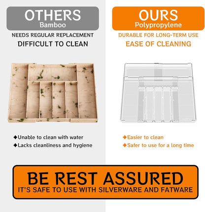 Clear Expandable Silverware Organizers for Kitchen Drawers,Large BPA Free Cutlery Organizer in Drawer,Plastic Utensil Drawer Organizer Suitable as Flatware,Knife,Fork,Spoon,Silverware Holder and Tray