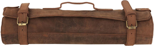 Genuine Buffalo Leather Knife Roll Organizer, Chef Knife Storage Bag with Carry Handle & Adjustable Buckles, Light Brown