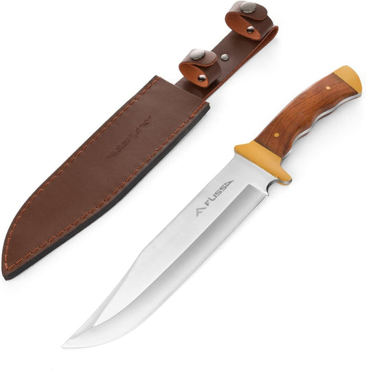14-inch Bowie Full-tang Fixed Blade Knife with Wood Handle, Hunting Knife with Leather Sheath for Outdoor Survival, Camping, Hiking