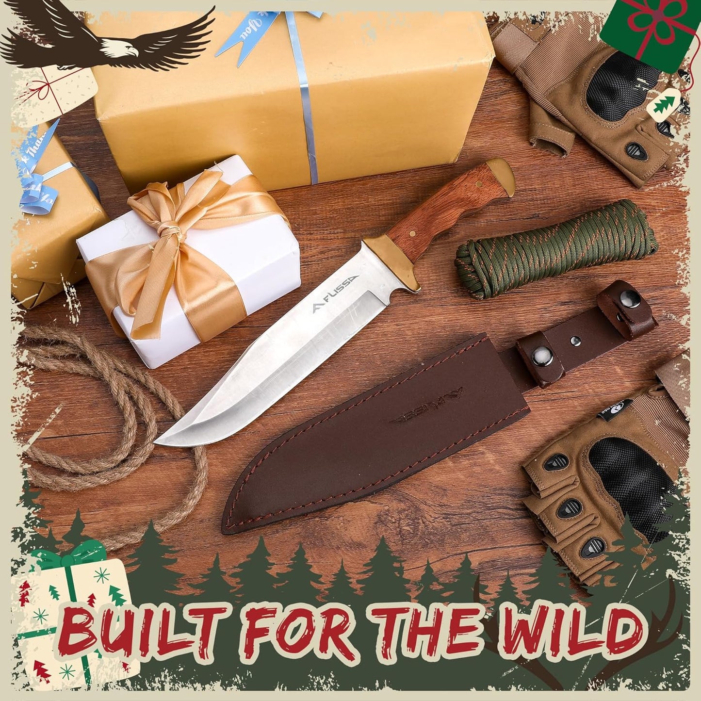 14-inch Bowie Full-tang Fixed Blade Knife with Wood Handle, Hunting Knife with Leather Sheath for Outdoor Survival, Camping, Hiking