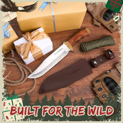 14-inch Bowie Full-tang Fixed Blade Knife with Wood Handle, Hunting Knife with Leather Sheath for Outdoor Survival, Camping, Hiking