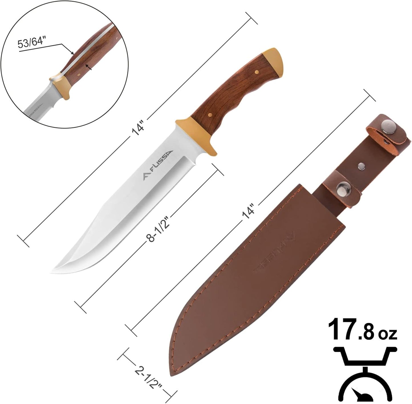 14-inch Bowie Full-tang Fixed Blade Knife with Wood Handle, Hunting Knife with Leather Sheath for Outdoor Survival, Camping, Hiking