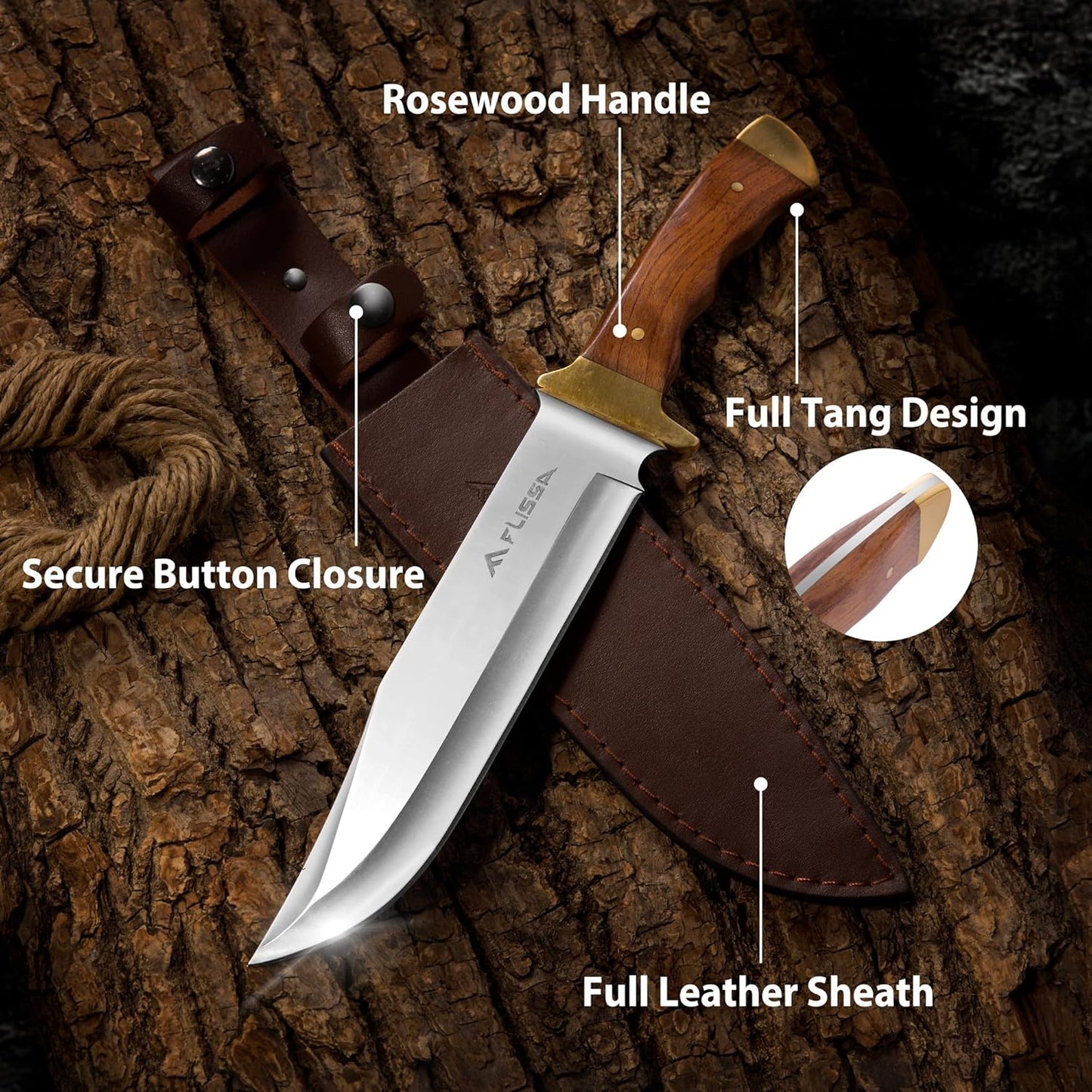 14-inch Bowie Full-tang Fixed Blade Knife with Wood Handle, Hunting Knife with Leather Sheath for Outdoor Survival, Camping, Hiking