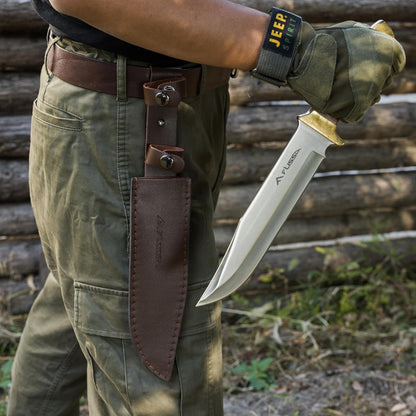 14-inch Bowie Full-tang Fixed Blade Knife with Wood Handle, Hunting Knife with Leather Sheath for Outdoor Survival, Camping, Hiking