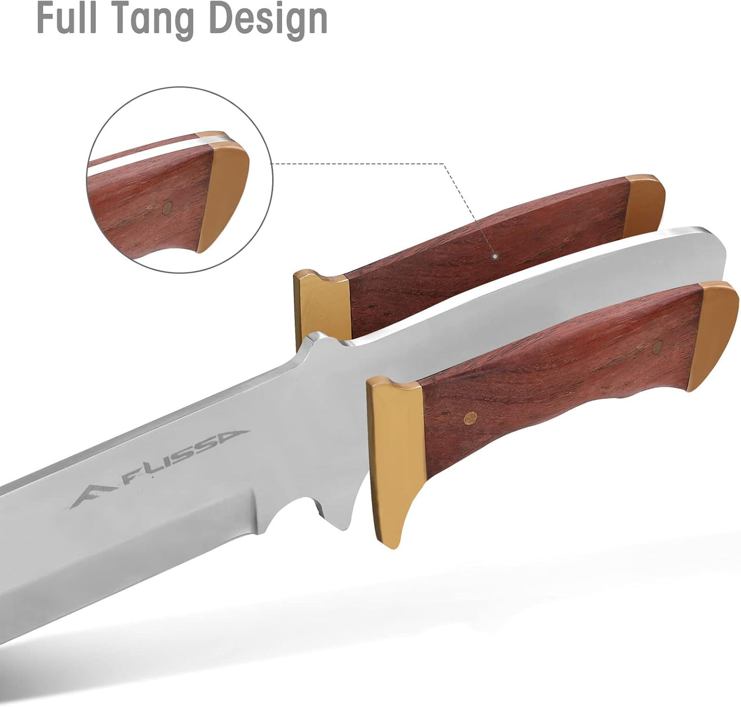 14-inch Bowie Full-tang Fixed Blade Knife with Wood Handle, Hunting Knife with Leather Sheath for Outdoor Survival, Camping, Hiking