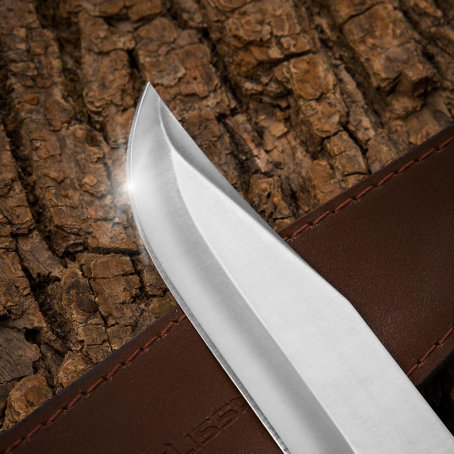 14-inch Bowie Full-tang Fixed Blade Knife with Wood Handle, Hunting Knife with Leather Sheath for Outdoor Survival, Camping, Hiking