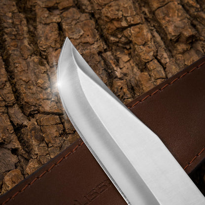 14-inch Bowie Full-tang Fixed Blade Knife with Wood Handle, Hunting Knife with Leather Sheath for Outdoor Survival, Camping, Hiking