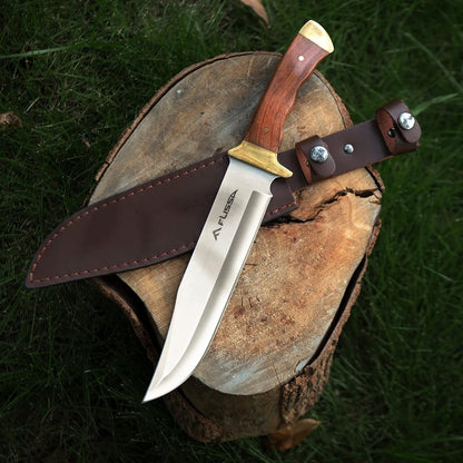 14-inch Bowie Full-tang Fixed Blade Knife with Wood Handle, Hunting Knife with Leather Sheath for Outdoor Survival, Camping, Hiking