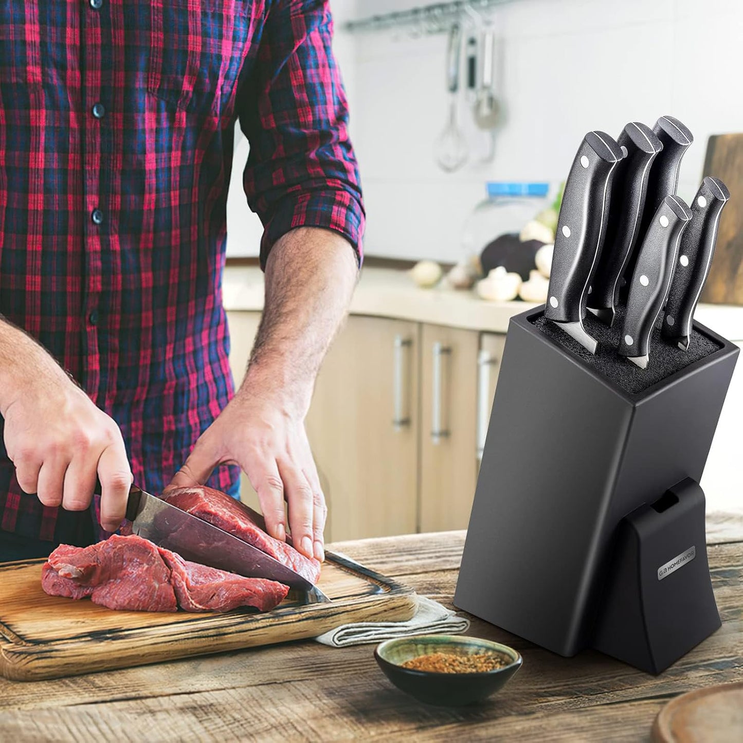 Universal Knife Block with Removable Plastic Bristles, Black | Wood Knife Organizer, Knife Holder for Kitchen Counter, Knife Storage Rack Without Knives