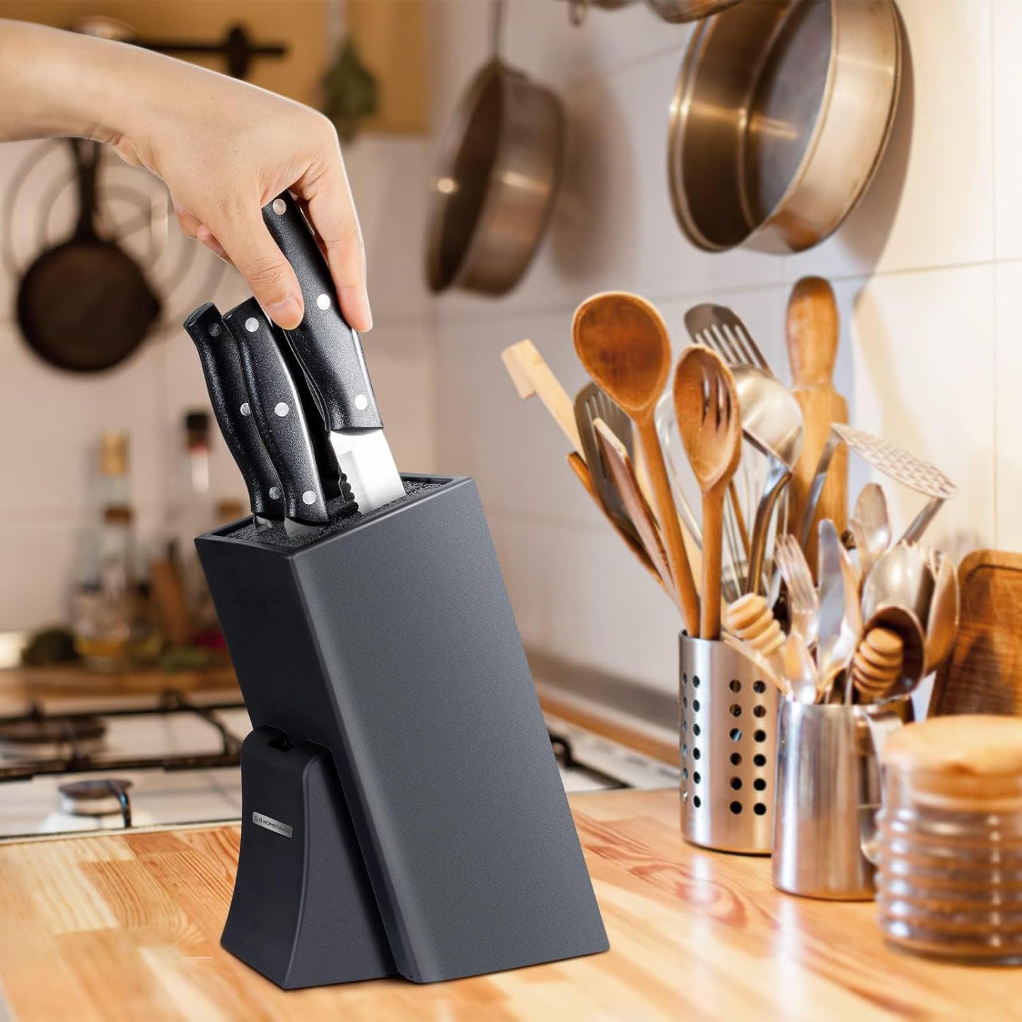 Universal Knife Block with Removable Plastic Bristles, Black | Wood Knife Organizer, Knife Holder for Kitchen Counter, Knife Storage Rack Without Knives