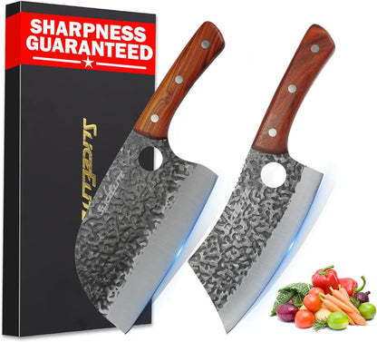 3 Piece BBQ Knife Set Serbian Chef Knife Meat Cleaver Viking Kitchen Knives | Outdoor Cooking • Barbeque • Meal Prep • Camping • Butchering • Lanyard Holes Hammered Pattern Forged Steel Real Wood Handles