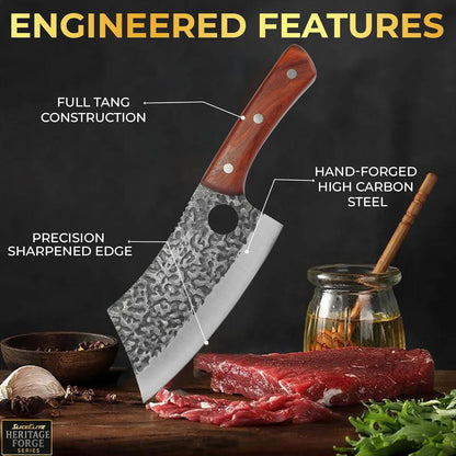 3 Piece BBQ Knife Set Serbian Chef Knife Meat Cleaver Viking Kitchen Knives | Outdoor Cooking • Barbeque • Meal Prep • Camping • Butchering • Lanyard Holes Hammered Pattern Forged Steel Real Wood Handles