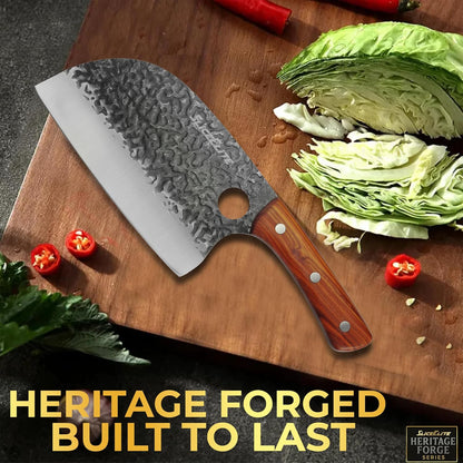 3 Piece BBQ Knife Set Serbian Chef Knife Meat Cleaver Viking Kitchen Knives | Outdoor Cooking • Barbeque • Meal Prep • Camping • Butchering • Lanyard Holes Hammered Pattern Forged Steel Real Wood Handles