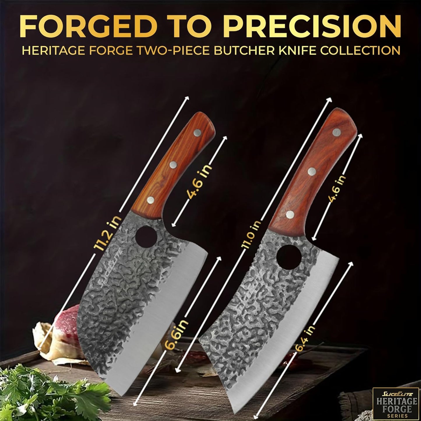 3 Piece BBQ Knife Set Serbian Chef Knife Meat Cleaver Viking Kitchen Knives | Outdoor Cooking • Barbeque • Meal Prep • Camping • Butchering • Lanyard Holes Hammered Pattern Forged Steel Real Wood Handles