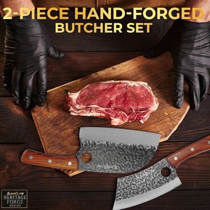 3 Piece BBQ Knife Set Serbian Chef Knife Meat Cleaver Viking Kitchen Knives | Outdoor Cooking • Barbeque • Meal Prep • Camping • Butchering • Lanyard Holes Hammered Pattern Forged Steel Real Wood Handles