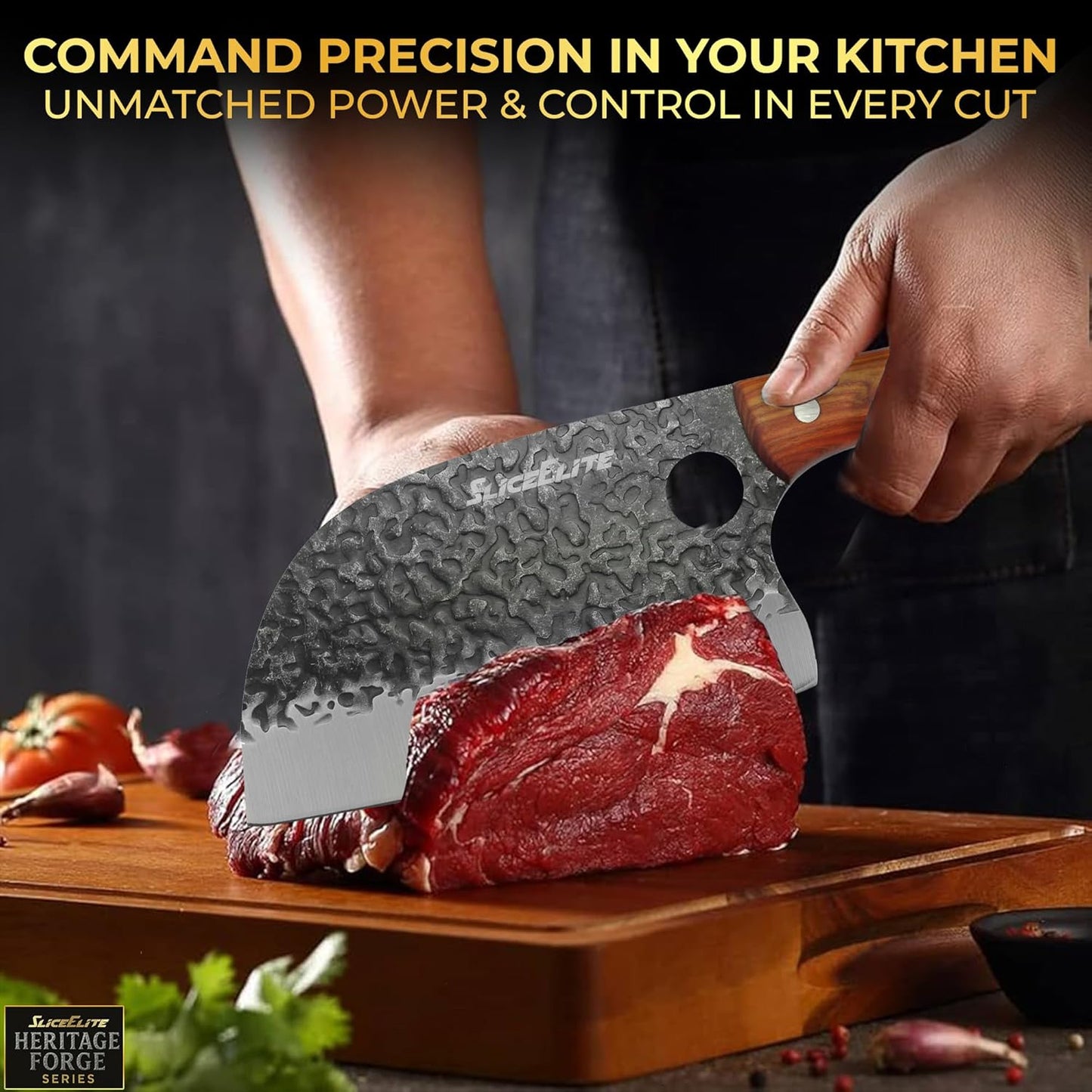 3 Piece BBQ Knife Set Serbian Chef Knife Meat Cleaver Viking Kitchen Knives | Outdoor Cooking • Barbeque • Meal Prep • Camping • Butchering • Lanyard Holes Hammered Pattern Forged Steel Real Wood Handles