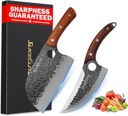 3 Piece BBQ Knife Set Serbian Chef Knife Meat Cleaver Viking Kitchen Knives | Outdoor Cooking • Barbeque • Meal Prep • Camping • Butchering • Lanyard Holes Hammered Pattern Forged Steel Real Wood Handles
