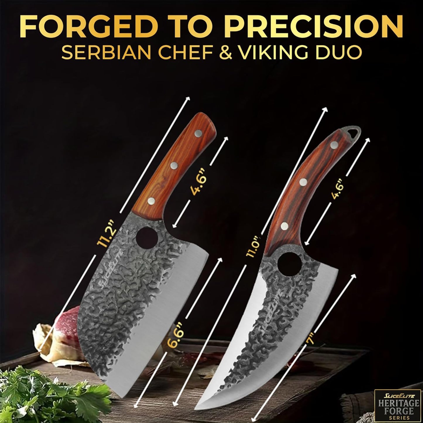 3 Piece BBQ Knife Set Serbian Chef Knife Meat Cleaver Viking Kitchen Knives | Outdoor Cooking • Barbeque • Meal Prep • Camping • Butchering • Lanyard Holes Hammered Pattern Forged Steel Real Wood Handles