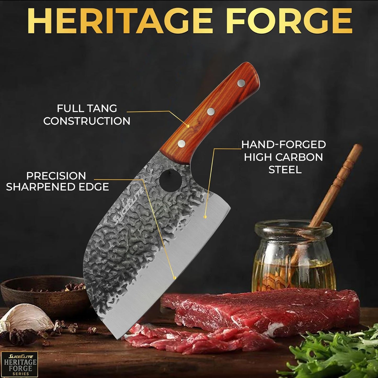 3 Piece BBQ Knife Set Serbian Chef Knife Meat Cleaver Viking Kitchen Knives | Outdoor Cooking • Barbeque • Meal Prep • Camping • Butchering • Lanyard Holes Hammered Pattern Forged Steel Real Wood Handles