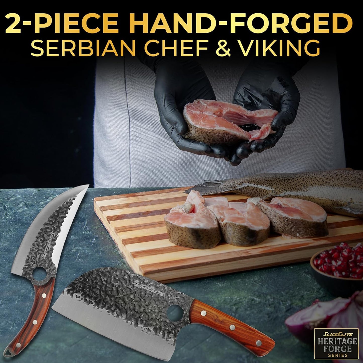 3 Piece BBQ Knife Set Serbian Chef Knife Meat Cleaver Viking Kitchen Knives | Outdoor Cooking • Barbeque • Meal Prep • Camping • Butchering • Lanyard Holes Hammered Pattern Forged Steel Real Wood Handles