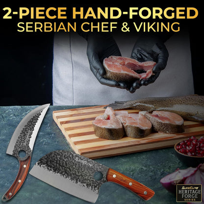 3 Piece BBQ Knife Set Serbian Chef Knife Meat Cleaver Viking Kitchen Knives | Outdoor Cooking • Barbeque • Meal Prep • Camping • Butchering • Lanyard Holes Hammered Pattern Forged Steel Real Wood Handles
