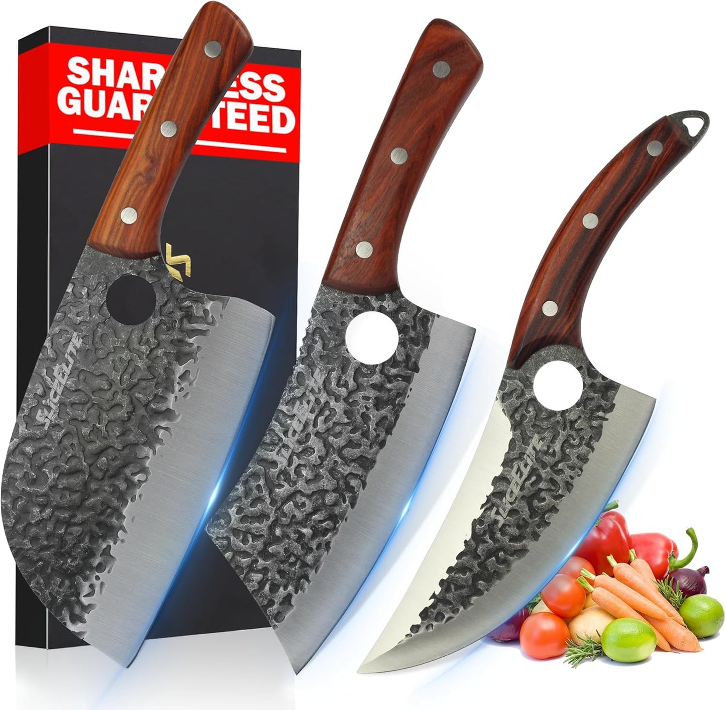 3 Piece BBQ Knife Set Serbian Chef Knife Meat Cleaver Viking Kitchen Knives | Outdoor Cooking • Barbeque • Meal Prep • Camping • Butchering • Lanyard Holes Hammered Pattern Forged Steel Real Wood Handles