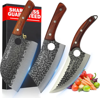 3 Piece BBQ Knife Set Serbian Chef Knife Meat Cleaver Viking Kitchen Knives | Outdoor Cooking • Barbeque • Meal Prep • Camping • Butchering • Lanyard Holes Hammered Pattern Forged Steel Real Wood Handles