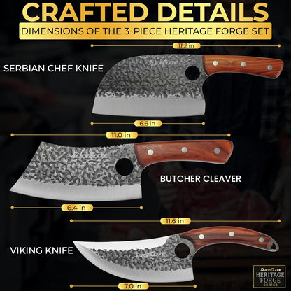 3 Piece BBQ Knife Set Serbian Chef Knife Meat Cleaver Viking Kitchen Knives | Outdoor Cooking • Barbeque • Meal Prep • Camping • Butchering • Lanyard Holes Hammered Pattern Forged Steel Real Wood Handles