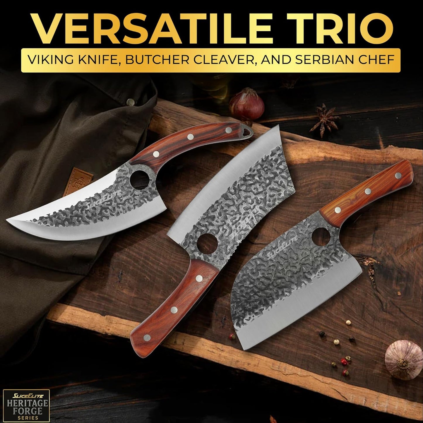 3 Piece BBQ Knife Set Serbian Chef Knife Meat Cleaver Viking Kitchen Knives | Outdoor Cooking • Barbeque • Meal Prep • Camping • Butchering • Lanyard Holes Hammered Pattern Forged Steel Real Wood Handles