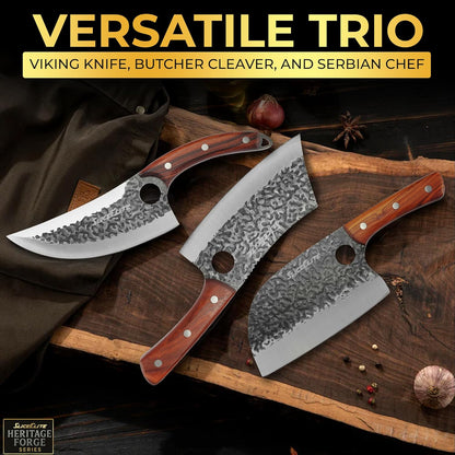3 Piece BBQ Knife Set Serbian Chef Knife Meat Cleaver Viking Kitchen Knives | Outdoor Cooking • Barbeque • Meal Prep • Camping • Butchering • Lanyard Holes Hammered Pattern Forged Steel Real Wood Handles
