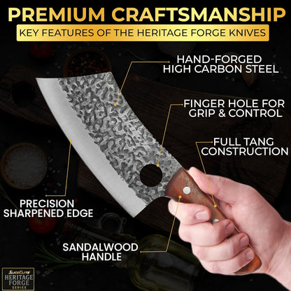 3 Piece BBQ Knife Set Serbian Chef Knife Meat Cleaver Viking Kitchen Knives | Outdoor Cooking • Barbeque • Meal Prep • Camping • Butchering • Lanyard Holes Hammered Pattern Forged Steel Real Wood Handles