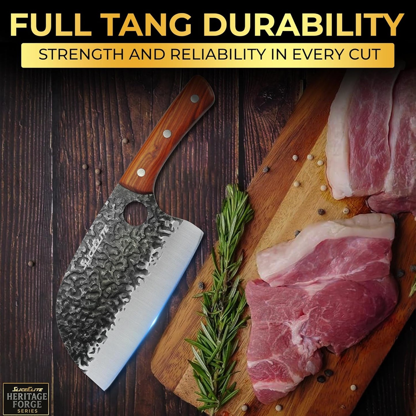 3 Piece BBQ Knife Set Serbian Chef Knife Meat Cleaver Viking Kitchen Knives | Outdoor Cooking • Barbeque • Meal Prep • Camping • Butchering • Lanyard Holes Hammered Pattern Forged Steel Real Wood Handles
