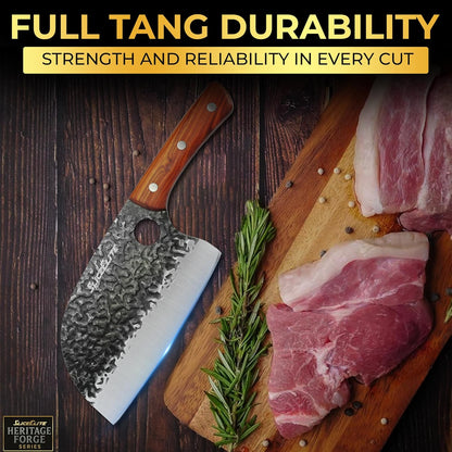 3 Piece BBQ Knife Set Serbian Chef Knife Meat Cleaver Viking Kitchen Knives | Outdoor Cooking • Barbeque • Meal Prep • Camping • Butchering • Lanyard Holes Hammered Pattern Forged Steel Real Wood Handles