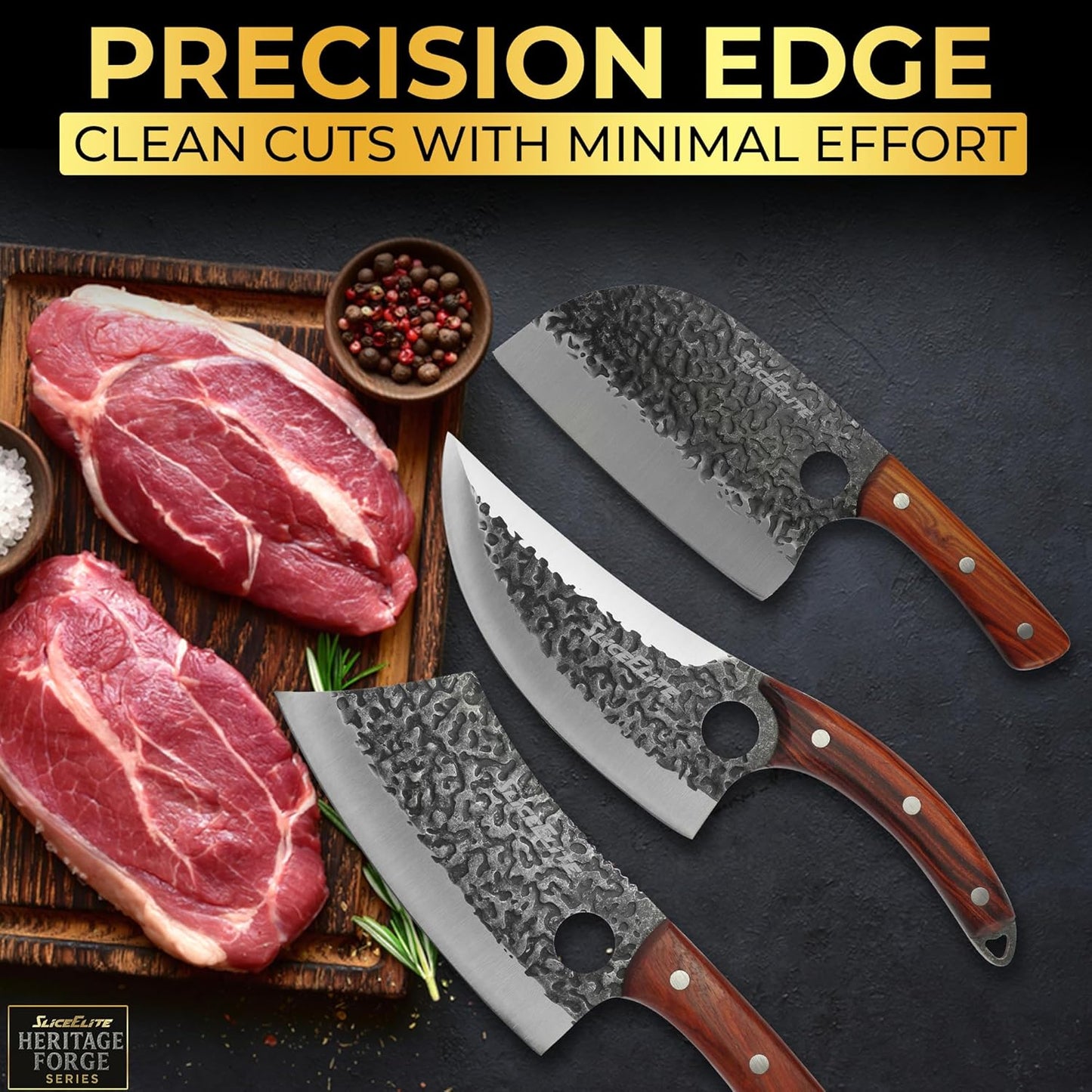 3 Piece BBQ Knife Set Serbian Chef Knife Meat Cleaver Viking Kitchen Knives | Outdoor Cooking • Barbeque • Meal Prep • Camping • Butchering • Lanyard Holes Hammered Pattern Forged Steel Real Wood Handles