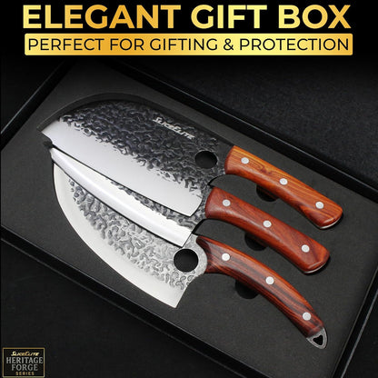 3 Piece BBQ Knife Set Serbian Chef Knife Meat Cleaver Viking Kitchen Knives | Outdoor Cooking • Barbeque • Meal Prep • Camping • Butchering • Lanyard Holes Hammered Pattern Forged Steel Real Wood Handles
